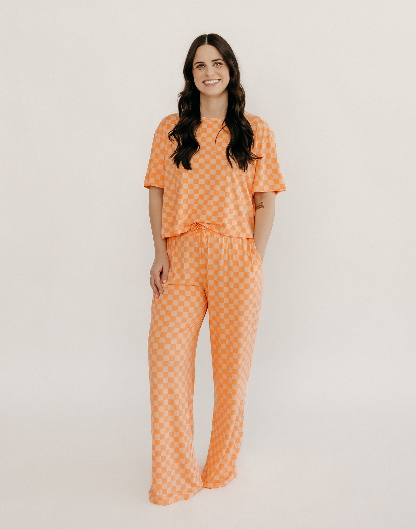 Womens T-Shirt Lounge Set In Orange Checkered