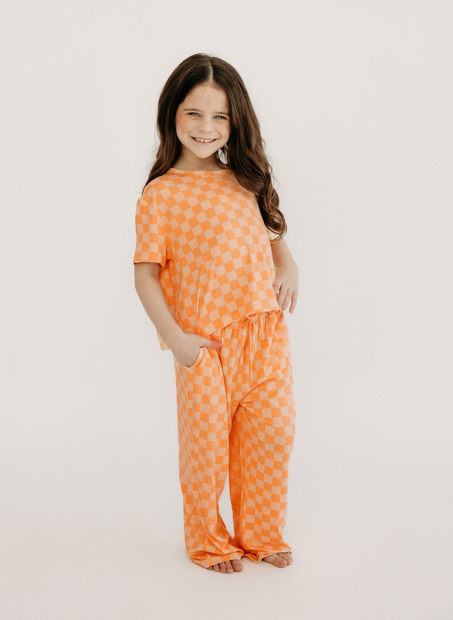 Girls T-shirt Lounge Set in Orange Checkered