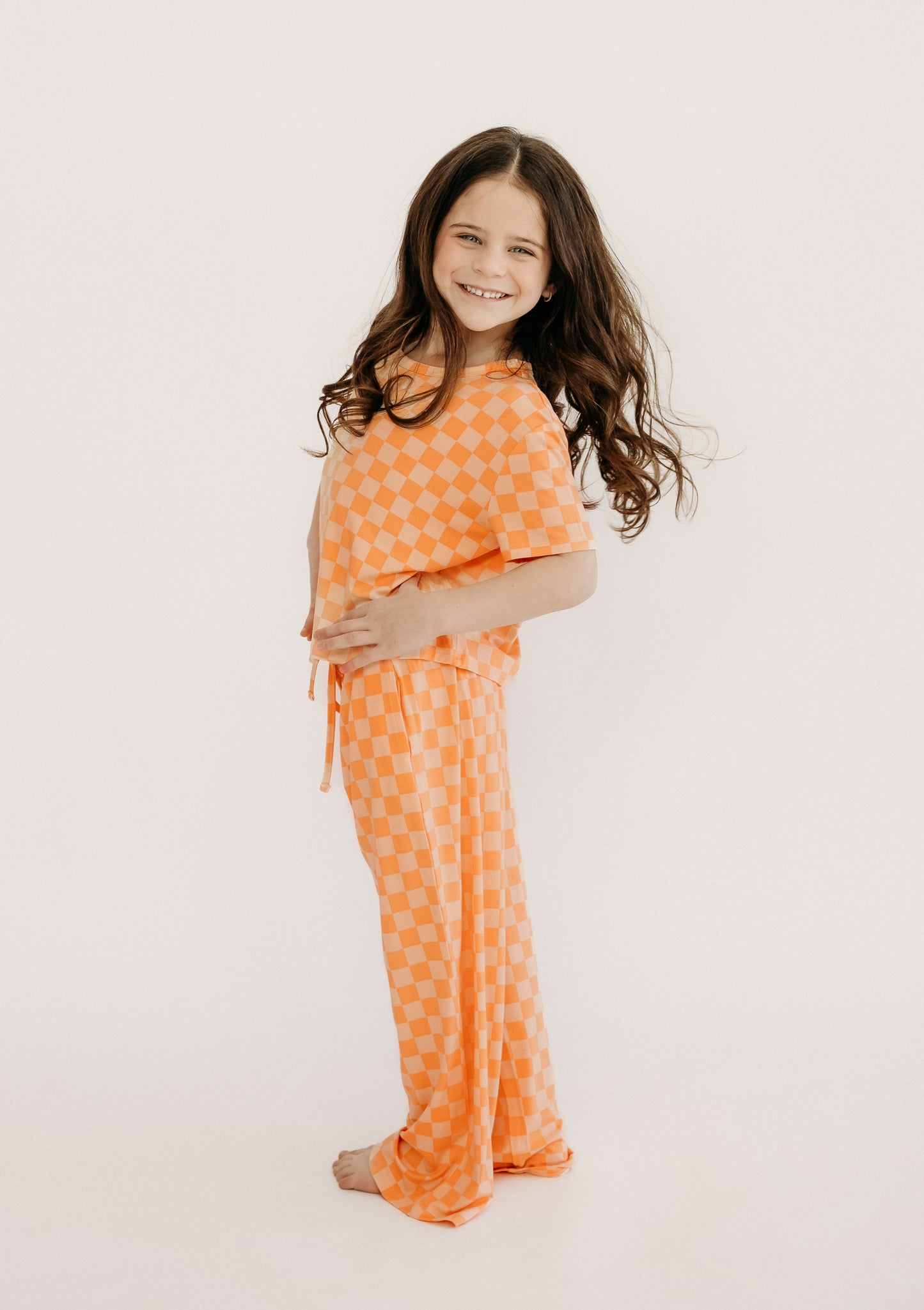 Girls T-shirt Lounge Set in Orange Checkered