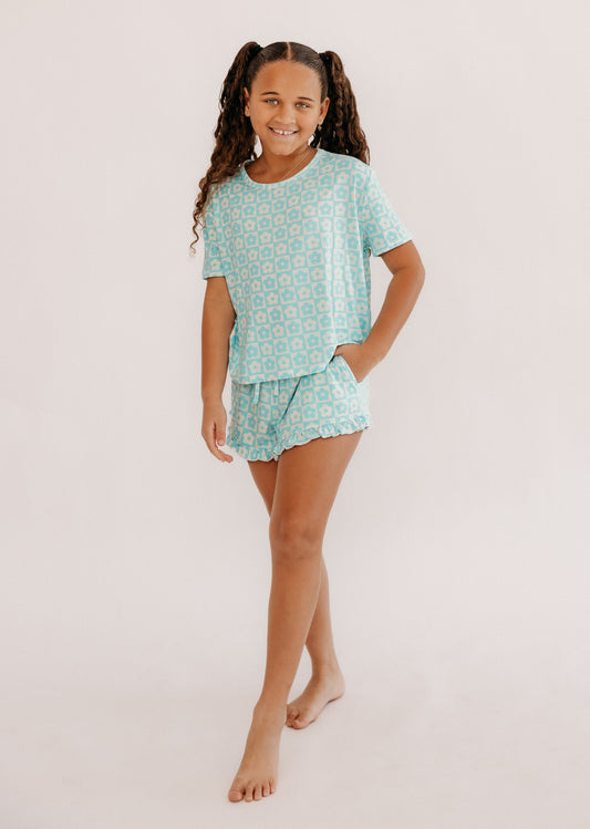 Girls Ruffle Short Set in Blue Checkered