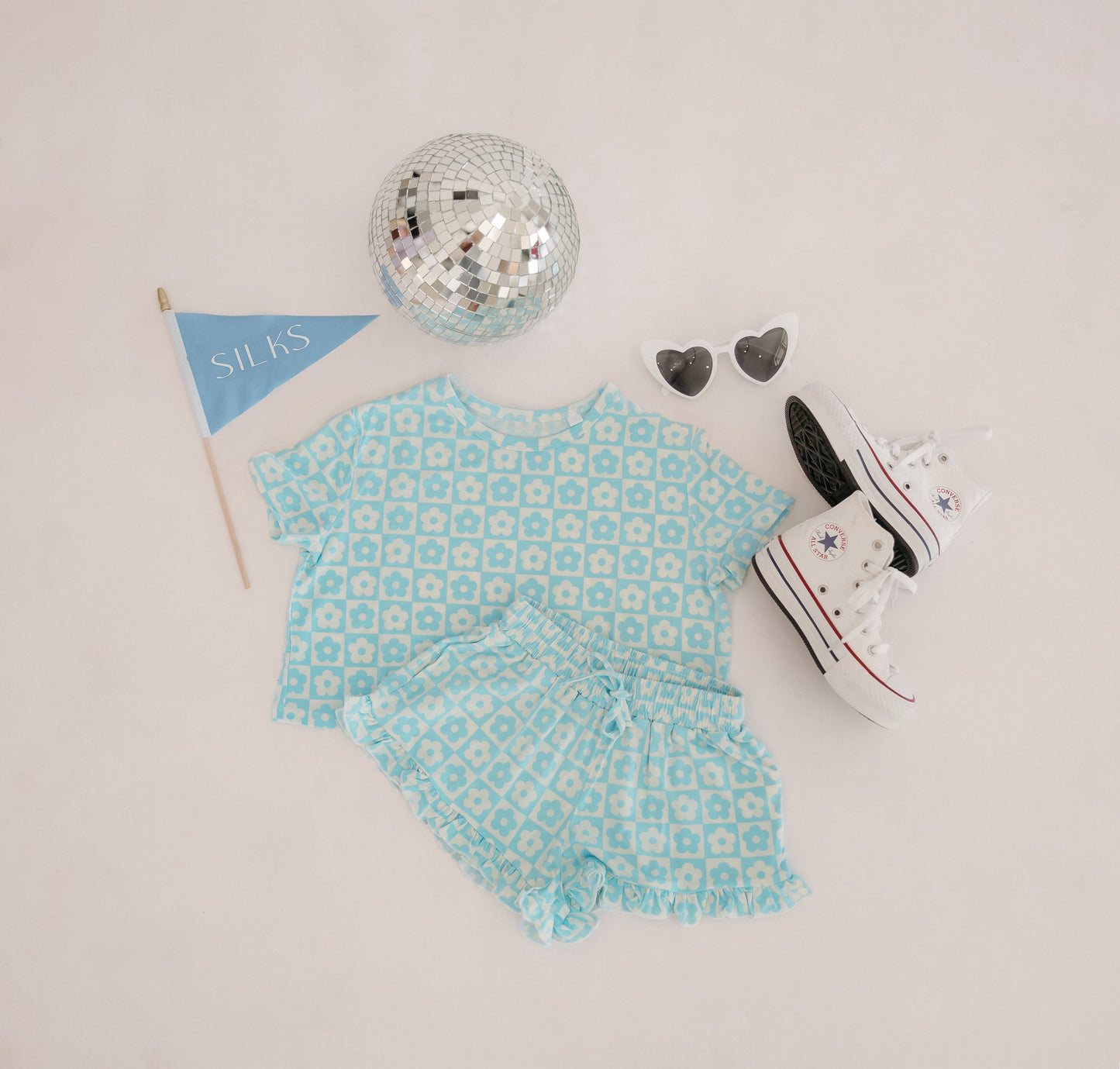 Girls Ruffle Short Set in Blue Checkered