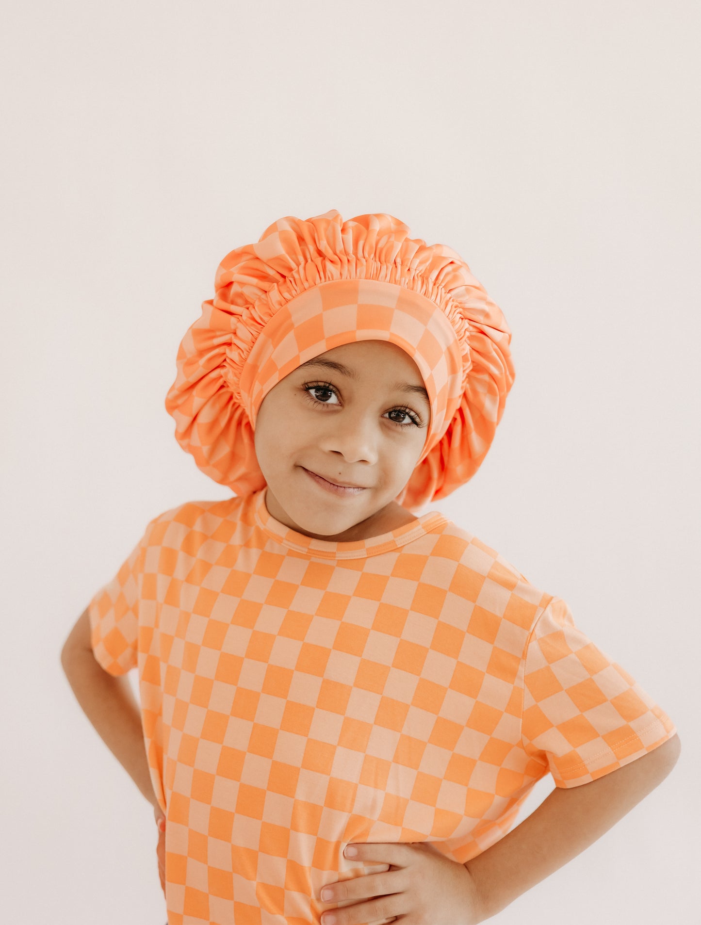 Kids Satin Bonnet in Orange Checkered