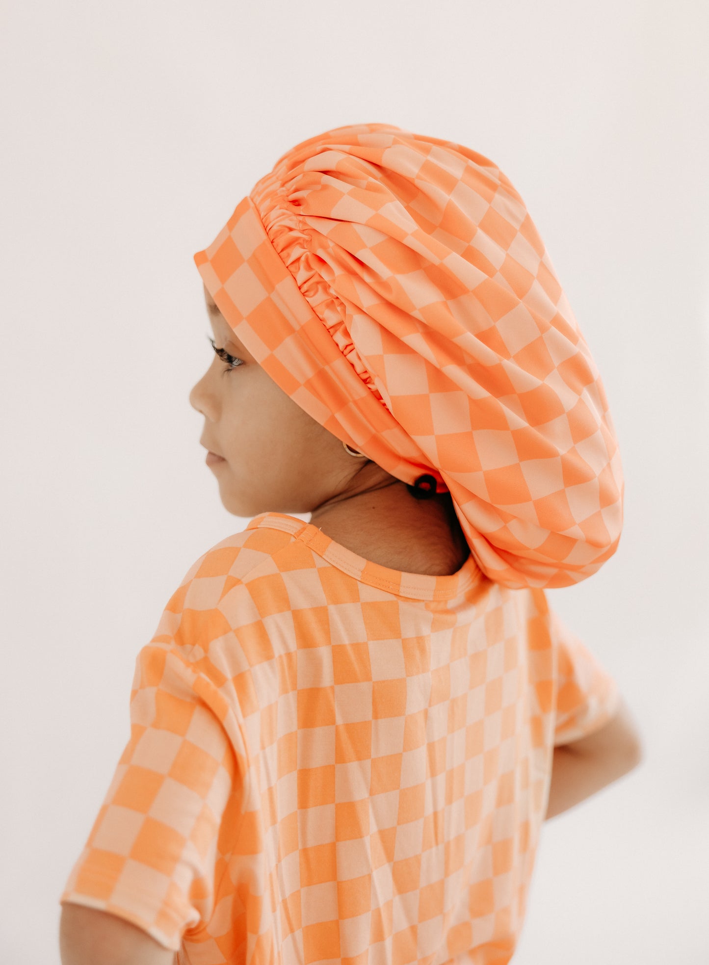 Kids Satin Bonnet in Orange Checkered