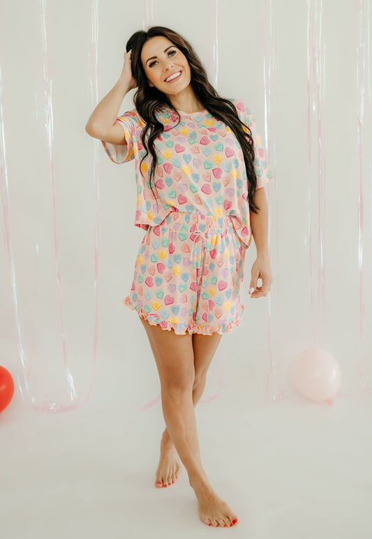 Womens Ruffle Short Set in Conversation Hearts