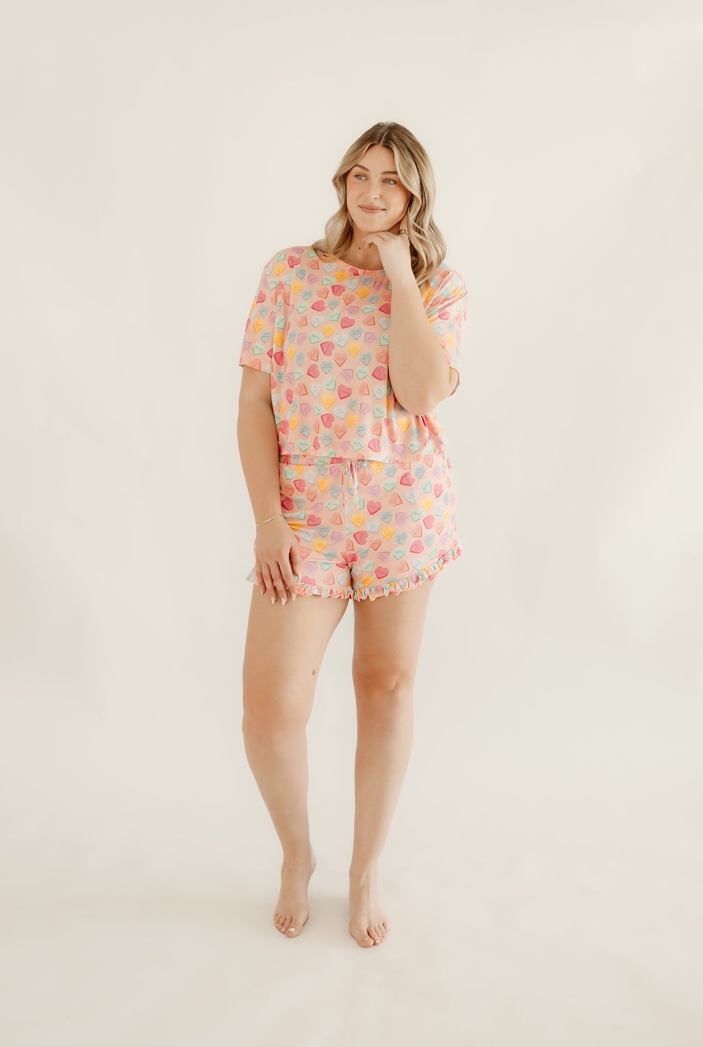 Womens Ruffle Short Set in Conversation Hearts