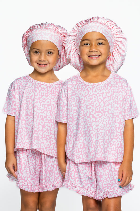 Kids Satin Bonnet in Pink Cheetah