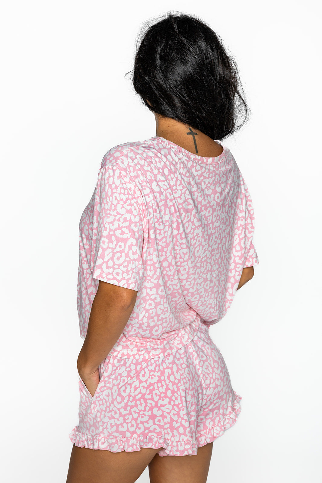 Womens Ruffle Short Set in Pink Cheetah